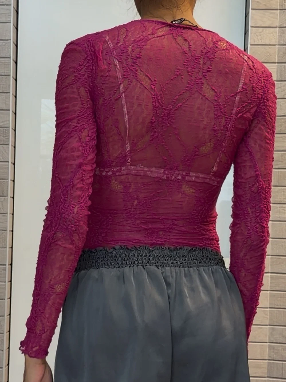 Zara Sheer Lace Long-Sleeve Top - Magenta